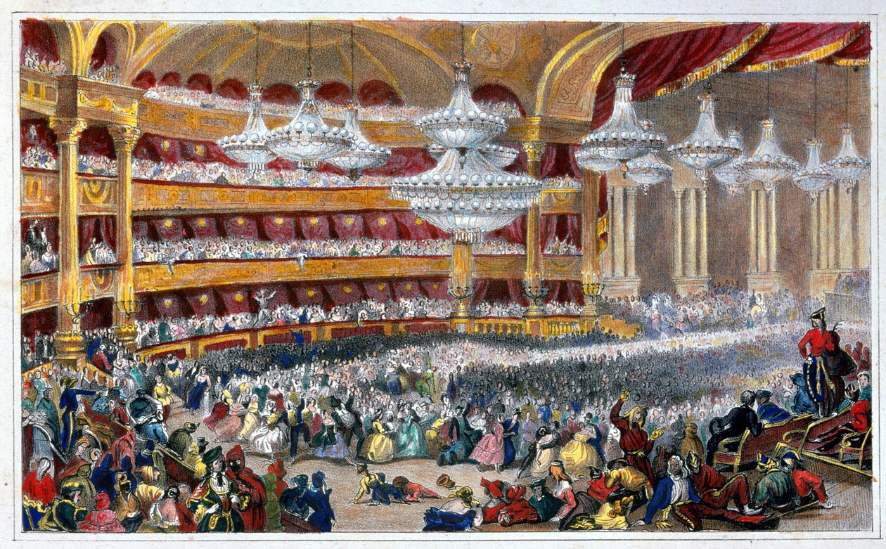 Naamioball Oopperassa 1800-luvulla - Dolfino, Lamin mukaan. tekijältä Eugene Louis Lami