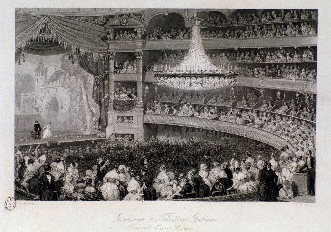 Näyttelijän aplodit esityksen aikana Theater des Italiansissa Pariisissa. Kaiverrus Eugene Louis Lami (1800-1890) 1843 Yksityinen kokoelma tekijältä Eugene Louis Lami
