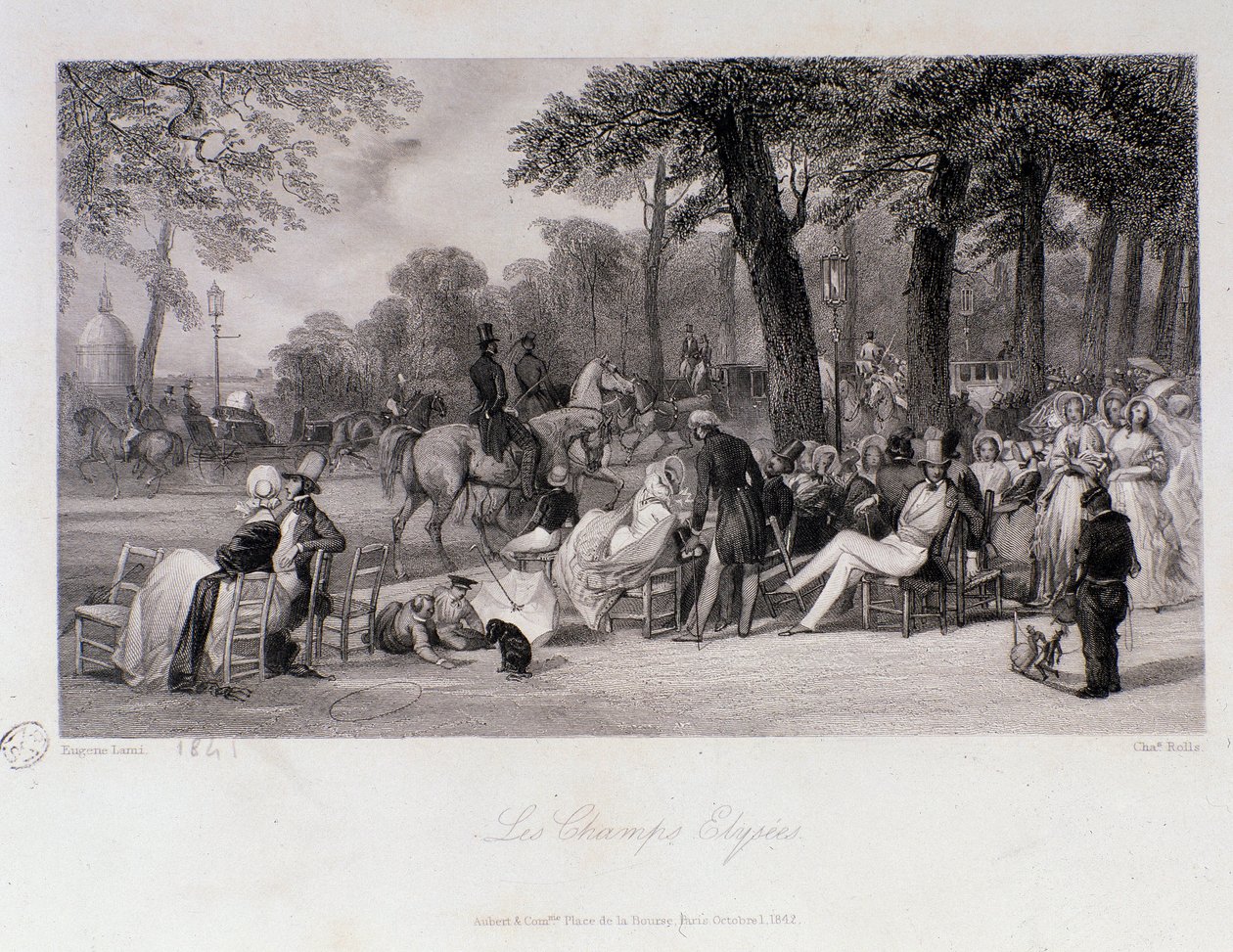 Matkustajat ja kävelijät Champs Elysees -kadulla (Champs-Elysees) Pariisissa. Kaiverrus Eugene Louis Lami (1800-1890) 1841 Yksityinen kokoelma tekijältä Eugene Louis Lami