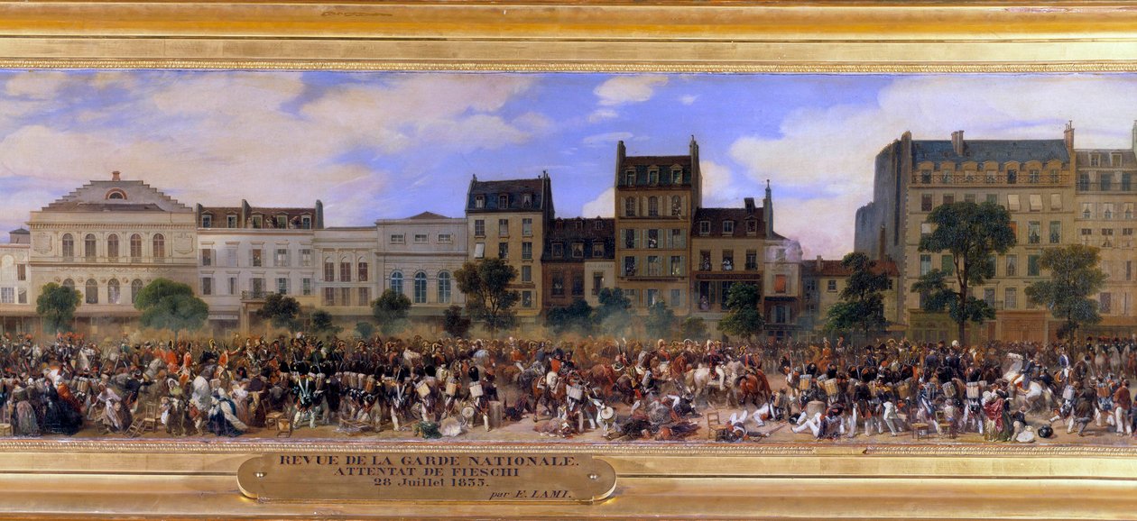 Giuseppe Fieschin (korsikan salaliiton) hyökkäys 28.7.1835 Ranskan kuningasta Louis-Philippe I:tä (1773-1850) vastaan, Boulevard du Temple Pariisissa (Louis Philippe arvostelee kansalliskaartia) Yksityiskohta Eugenen maalauksesta Lami (1800-1890) 1845 su. tekijältä Eugene Louis Lami