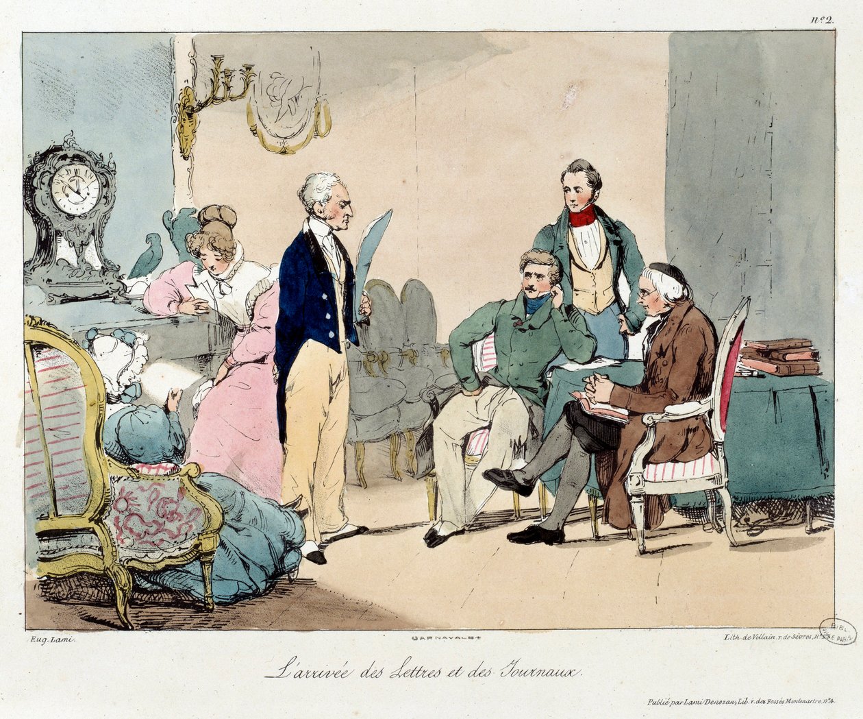 Kirjeiden ja sanomalehtien saapuminen. Kuvitus kirjasta "La vie de chateau". Kaiverrus: Eugene Louis Lami (1800-1890) tekijältä Eugene Louis Lami