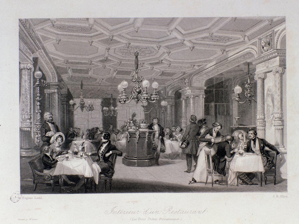 Näkymä ravintolan "Les trois freres provencaux" sisätiloihin lähellä Palais Royalia Pariisissa. Kaiverrus Eugene Louis Lami (1800-1890) 1843 Yksityinen kokoelma tekijältä Eugene Louis Lami