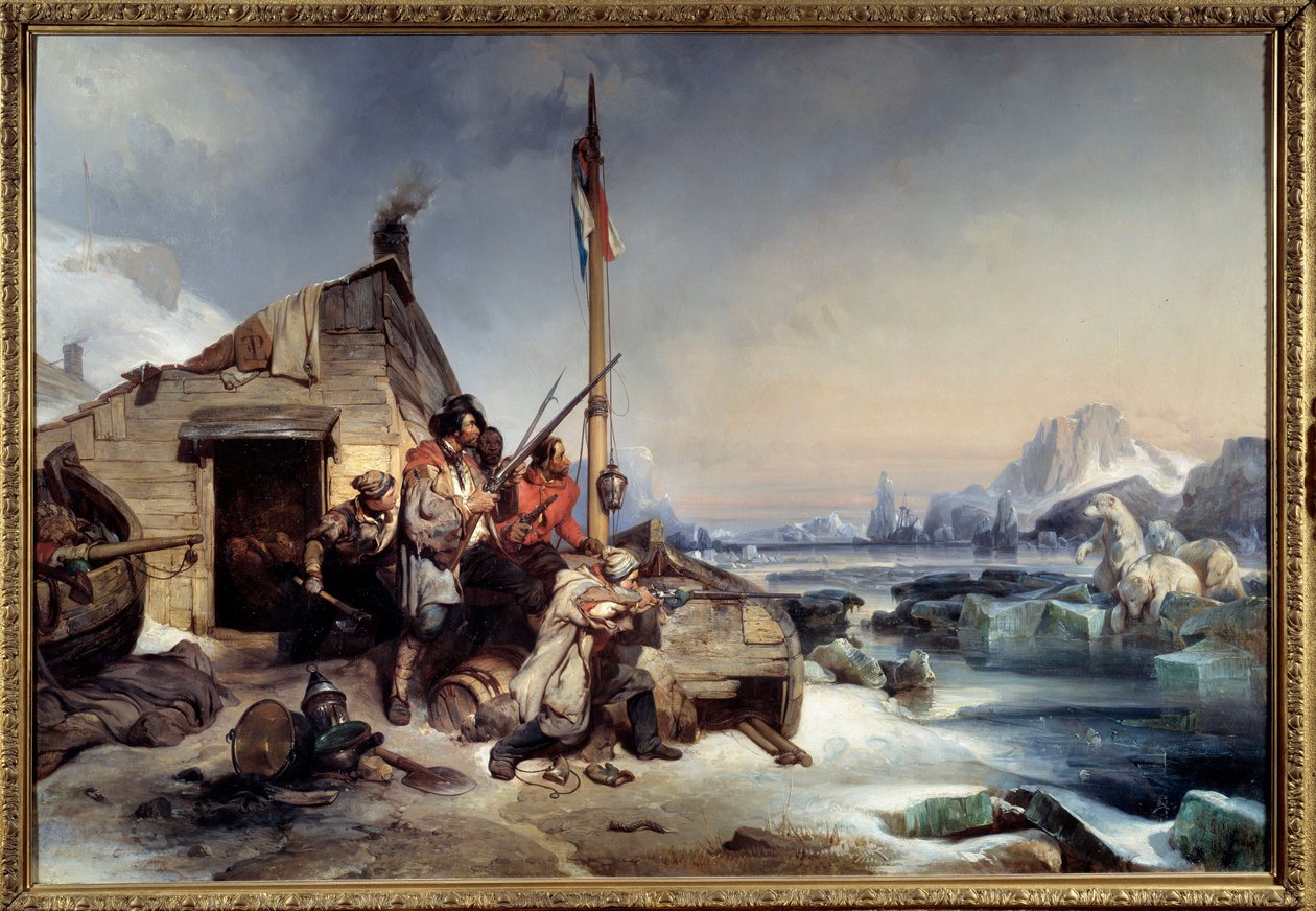 Hollantilaisten merimiesten talvi New Zemblen rannikolla Jääkarhunmetsästäjät New Zemblen arktisilla saarilla. Eugene Lepoittevinin maalaus tekijältä Eugene Modeste Edmond Lepoittevin