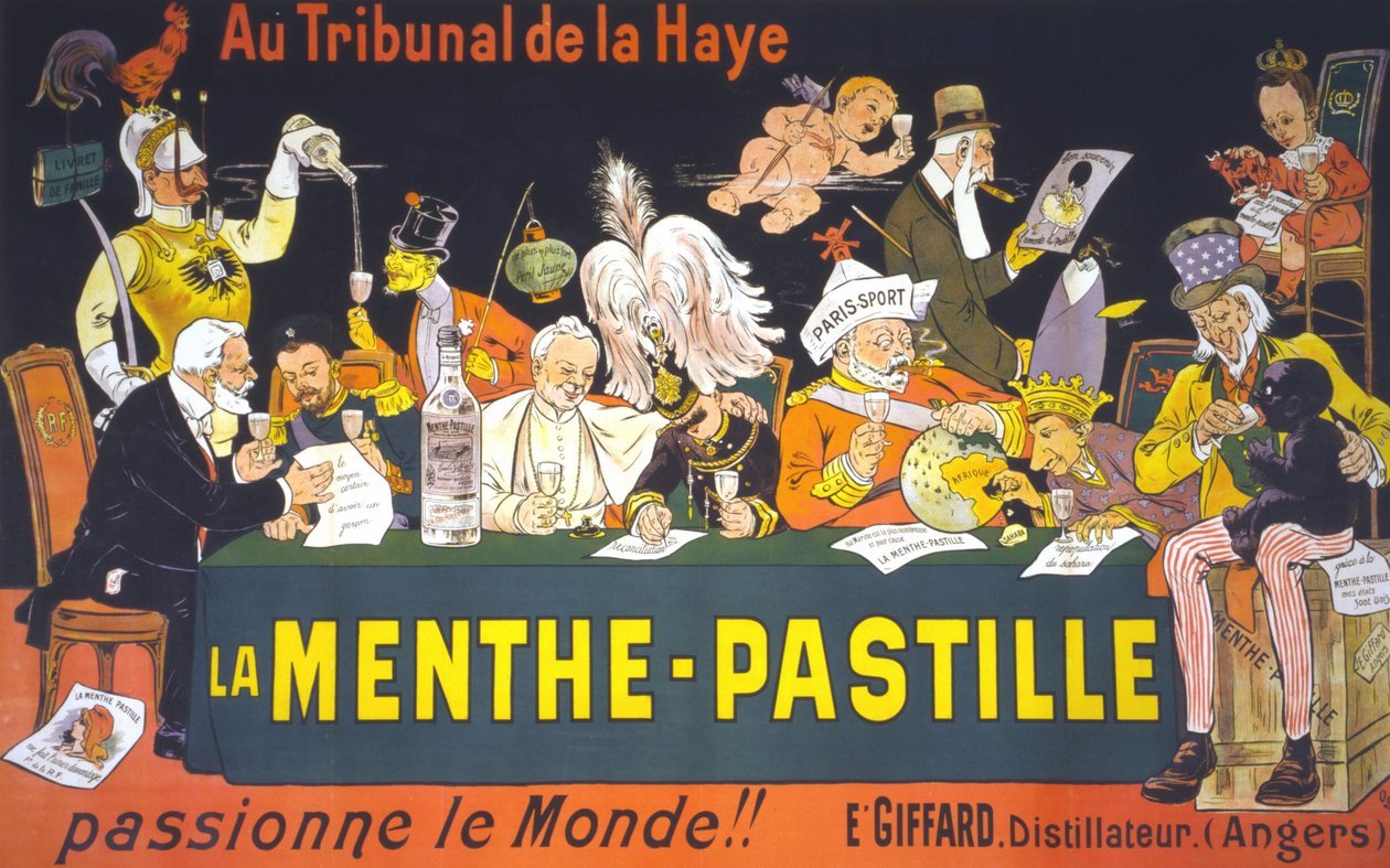 Sarjakuvajuliste Haagin rauhankonferenssista vuonna 1899: "" Haagin tuomioistuimessa minttu-pastilja - kiihottaa maailmaa!" Kirjailija: Eugène Ogé (1861-1936) tekijältä Eugene Oge