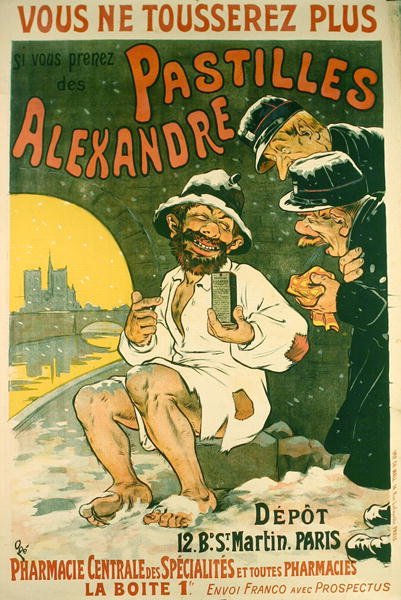 Juliste, jossa mainostetaan "Pastilles Alexandrea" (värilitografia). tekijältä Eugene Oge