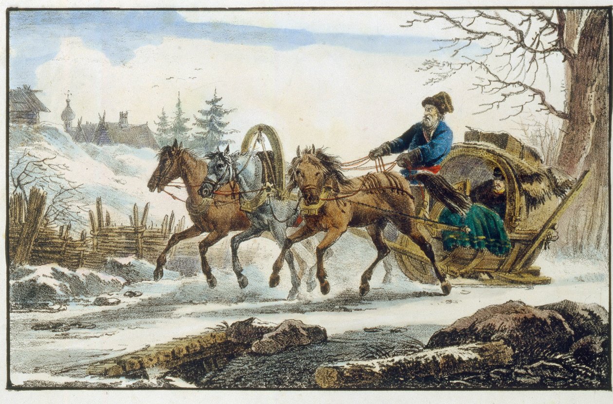 Hevosreki, jossa suoja matkustajille. (Troika Kibitka). Eugene Pluchardin (1809-1880) työ, litografia ja akvarelli tekijältä Eugéne Pluchart