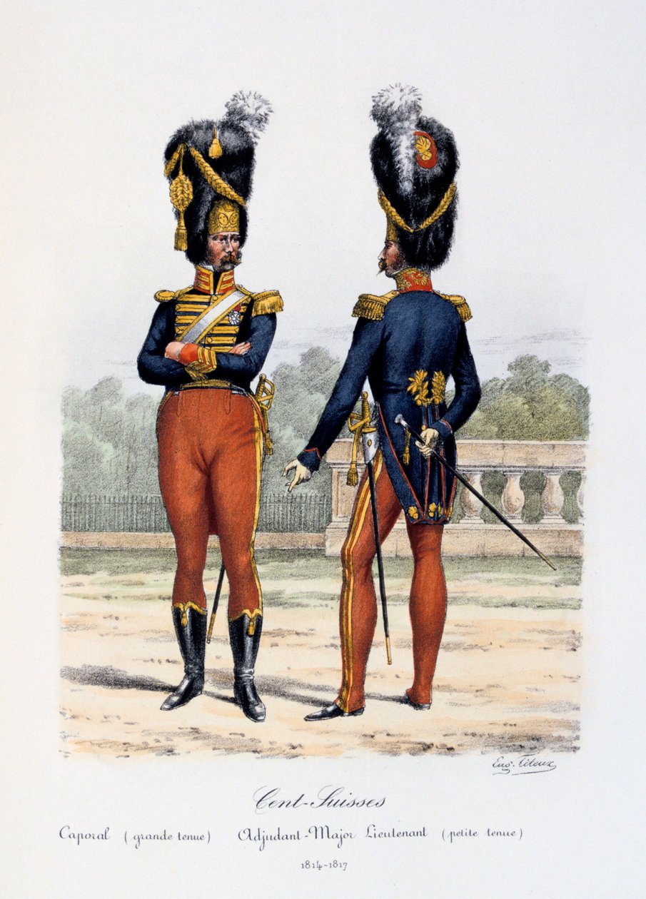Cent-Suisses, korpraalin kokopuku, adjudantti-majuri-luutnantin riisuminen, 1814-17 tekijältä Eugene Titeux