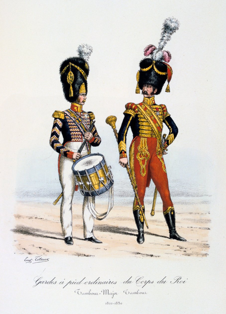 Kuninkaan joukkojen tavalliset jalkavartijat, rumpumajuri ja rumpali, 1822-30 tekijältä Eugene Titeux