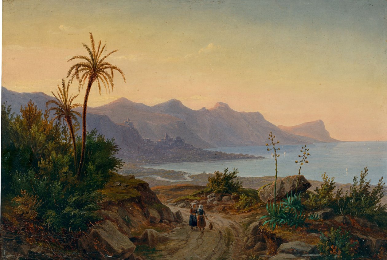 Eugen von Guérard - Eteläinen rannikkomaisema palmuineen, 1844 tekijältä Eugene von Guérard