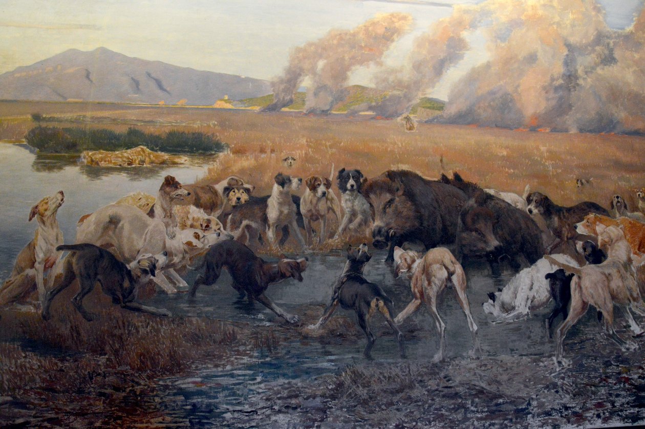 Yksityiskohta Eugenio Cecconin maalauksesta "La Caccia al Cinghiale nel Padule di Burano" Galleria d