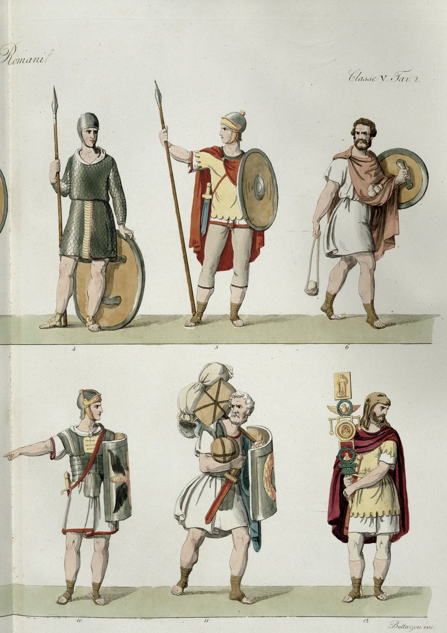 Roomalaiset sotilaat, yksityiskohta Kansojen historian I osan luokan 5 levystä 2, kaiverrus Buttazon (akvatinta) (katso myös 93288) tekijältä Eugenio Bosa