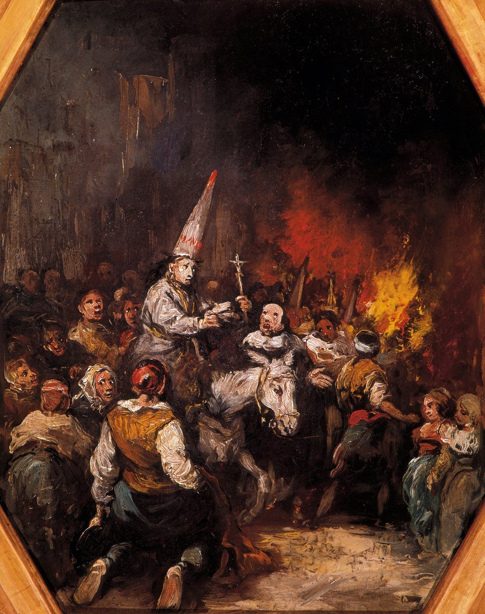 Inkvisition kirotut. Tuomittavat ovat capiroottiset päähineet, kärjen muotoinen terävä hattu. Eugenio LUCAS VELAZQUEZIN (1817-1870) maalaus, noin 1862. Prado-museo, Madrid tekijältä Eugenio Lucas Velázquez