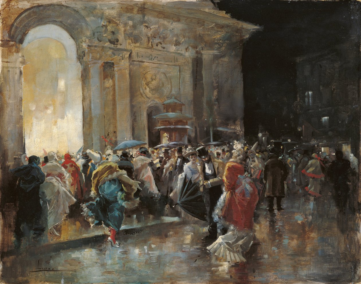 Saapuminen teatteriin Naamioballin yönä - Lucas Villaamil, Eugenio (1858-1919) - n. 1895 - Öljy puulle - 31x40 - Museo Carmen Thyssen, Málaga tekijältä Eugenio Lucas Villaamil