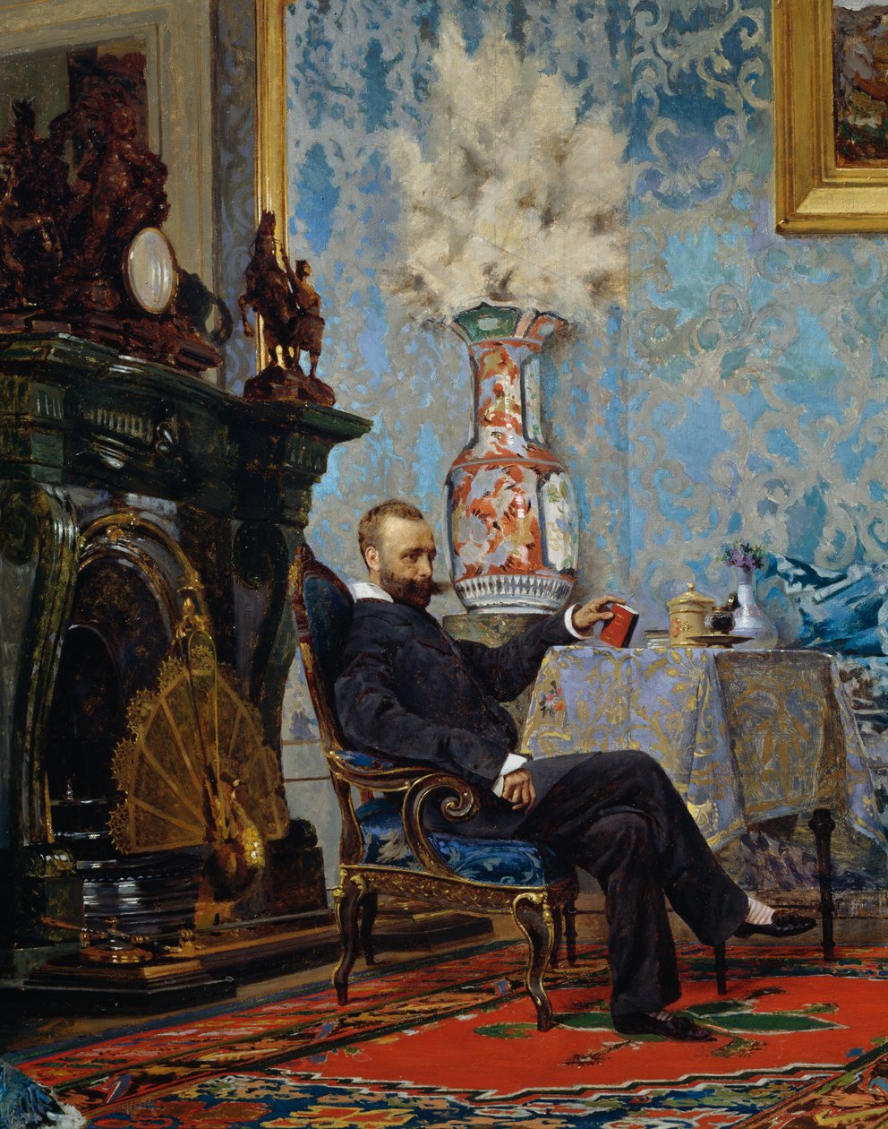 Peter Fabricci istuu olohuoneessa, yksityiskohta Fabriccin perheestä, n. 1880, kirjoittanut Eugene Scomparini (1845-1913), öljy kankaalle, 68x187 cm, Italia tekijältä Eugenio Scomparini