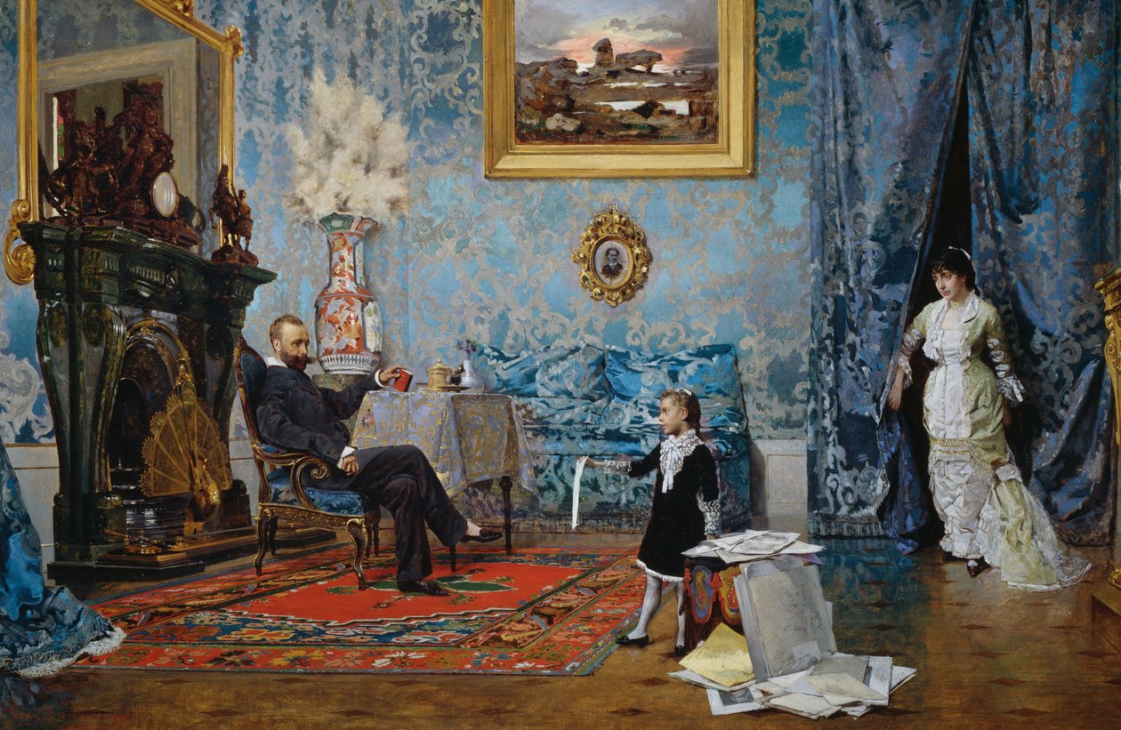 Fabriccin perhe, n. 1880, Eugenio Scomparini (1845-1913), öljy kankaalle, 68x187 cm, Italia tekijältä Eugenio Scomparini
