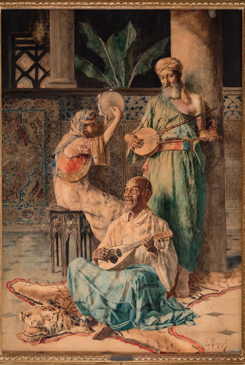 Kolme itämaista musiikkisoitinta (tempera paperilla) tekijältä Eugenio Zampighi