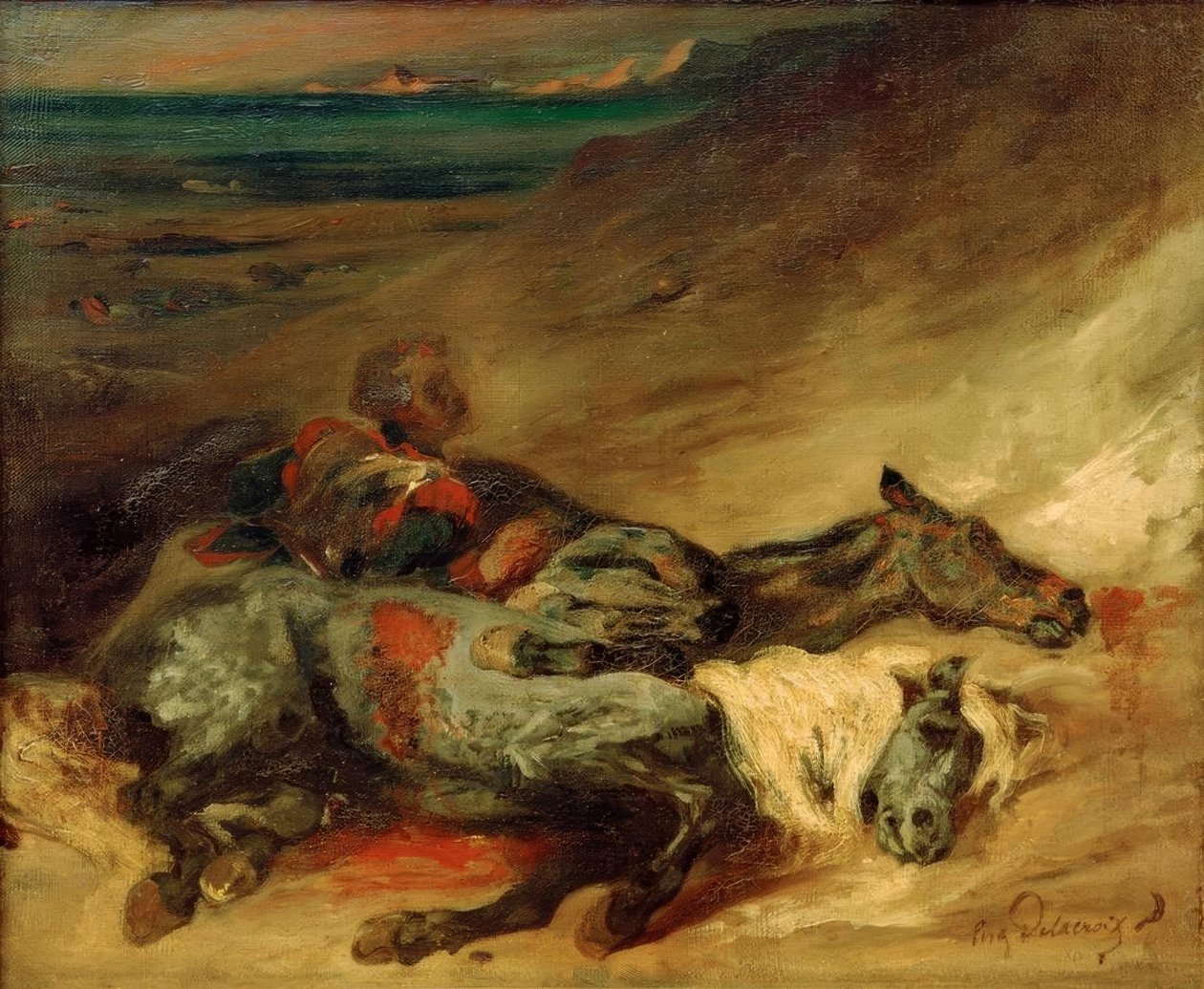 Les deux chevaux morts sur le champ de bataille tekijältä Ferdinand Victor Eugene Delacroix