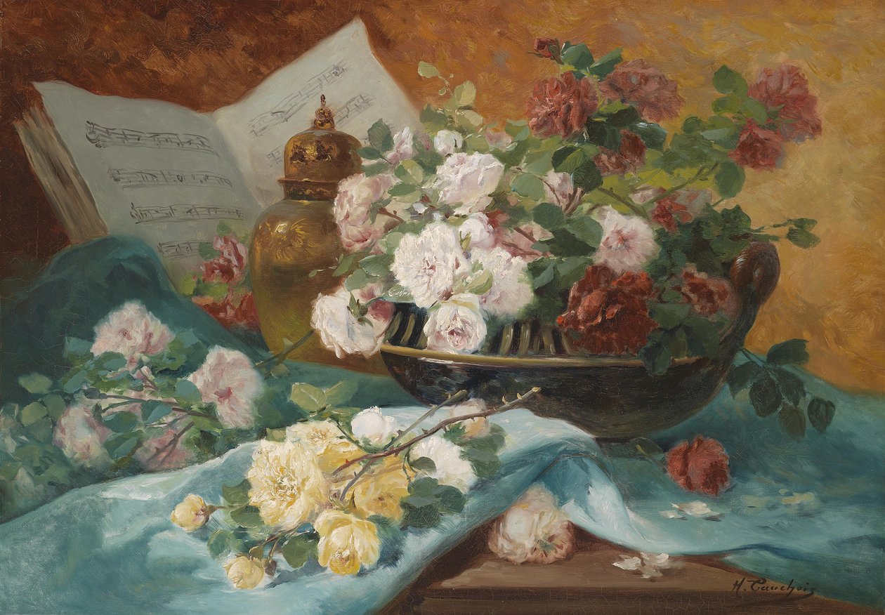 Stillleben mit Rosen in einer Schale, Ziergegenstand und Partitur tekijältä Eugene Henri Cauchois