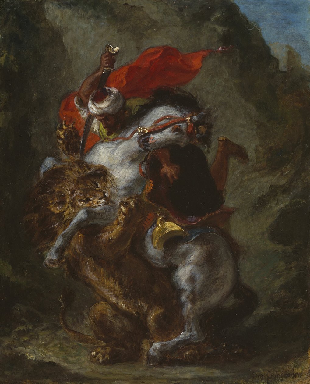 Arabi ratsumies hyökkäsi leijonan kimppuun tekijältä Eugène Delacroix