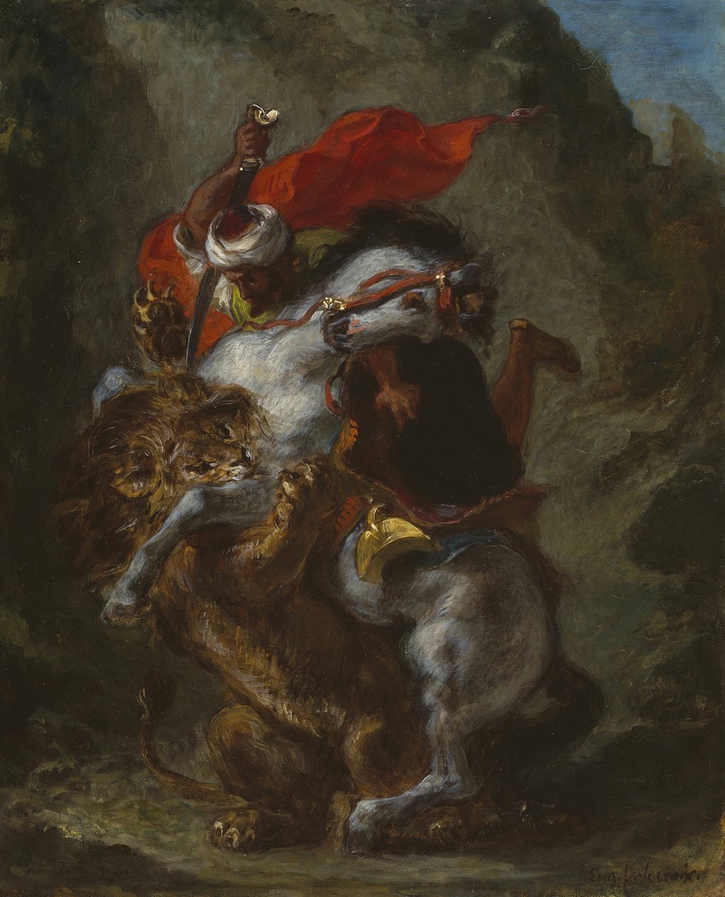 Leijona hyökkäsi arabiratsumiehen kimppuun, 184950. tekijältä Eugène Delacroix