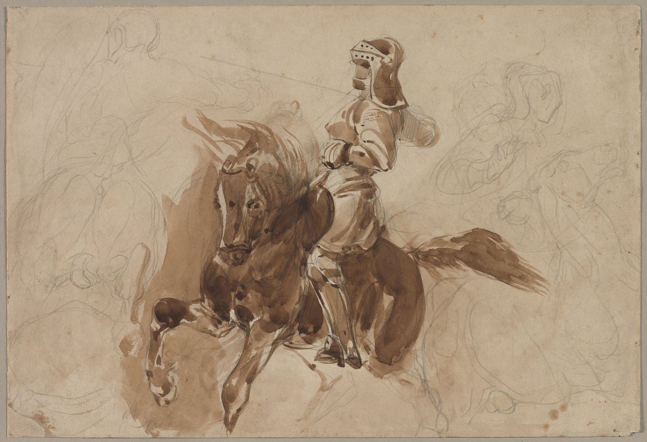 Panssaroitu hahmo hevosen selässä (recto) tekijältä Eugène Delacroix