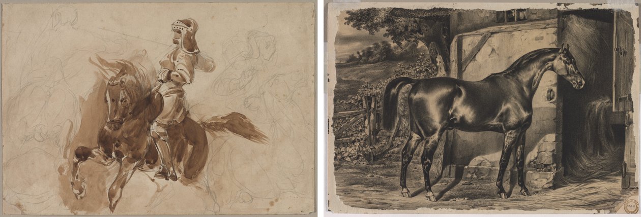 Panssarihahmo hevosen selässä (recto); Hevonen navetan edessä (käänteinen) tekijältä Eugène Delacroix