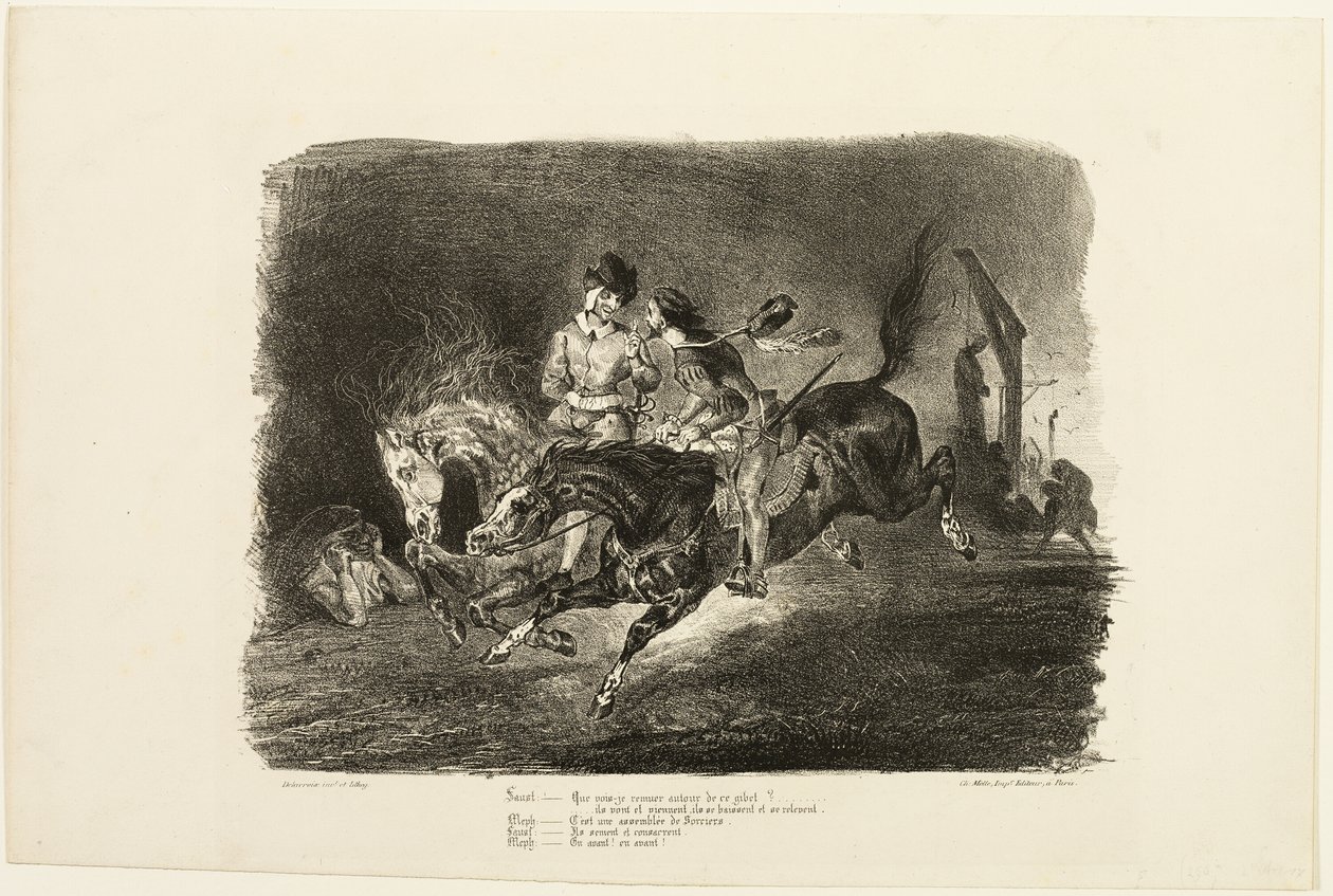Faust ja Mefistofeles ratsastavat läpi noitasabatin yön, elokuvasta Faust tekijältä Eugène Delacroix