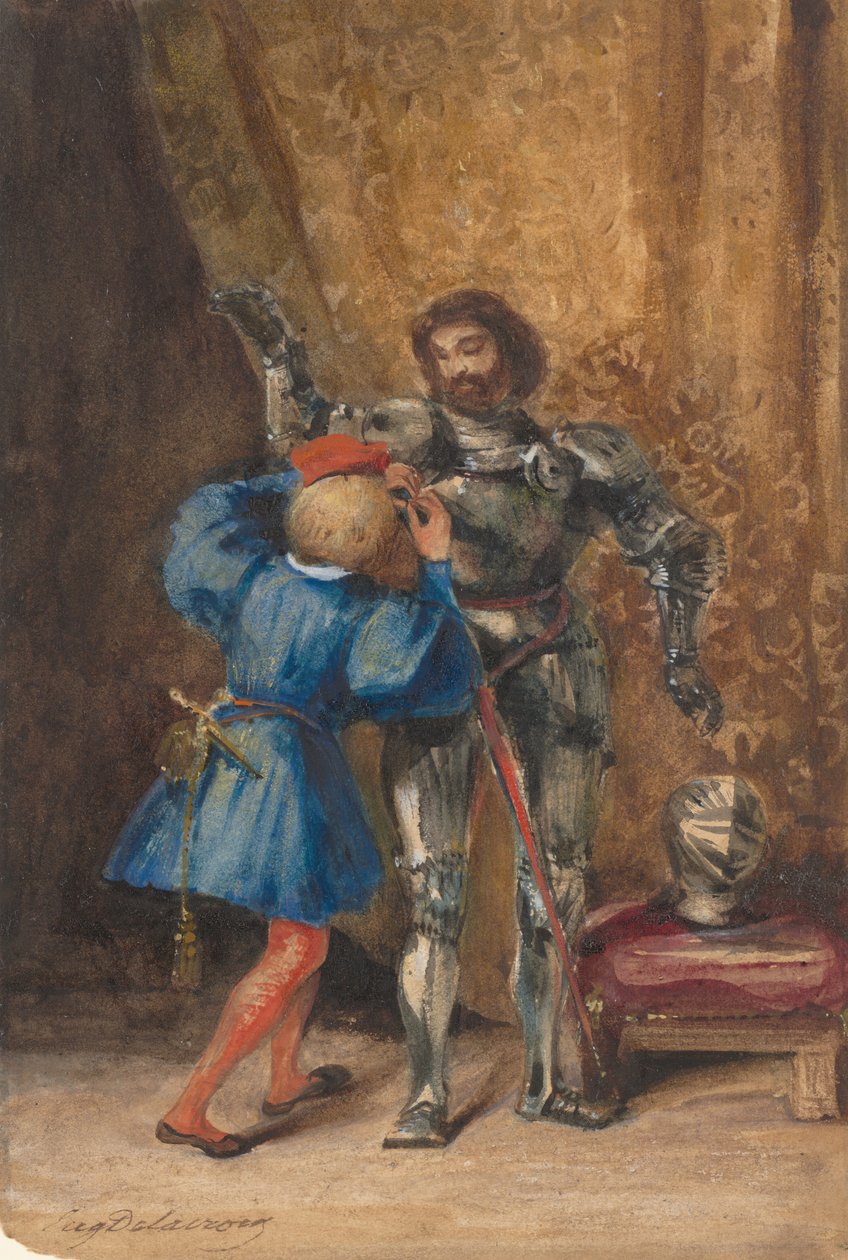 Goetz von Berlichingen on pukeutunut panssariin hänen sivullaan George, 1826-27. tekijältä Eugène Delacroix