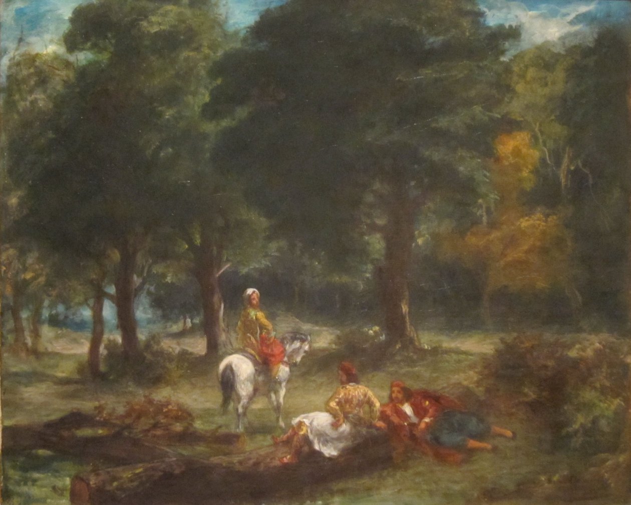 Kreikkalainen luolasto Miehet lepäävät metsässä tekijältä Eugène Delacroix