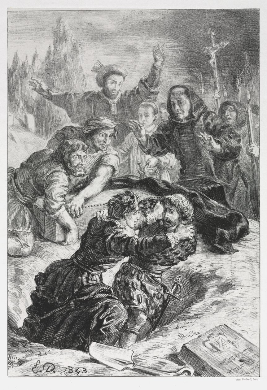 Hamlet: Hamlet ja Laertes Ophelian haudassa tekijältä Eugène Delacroix