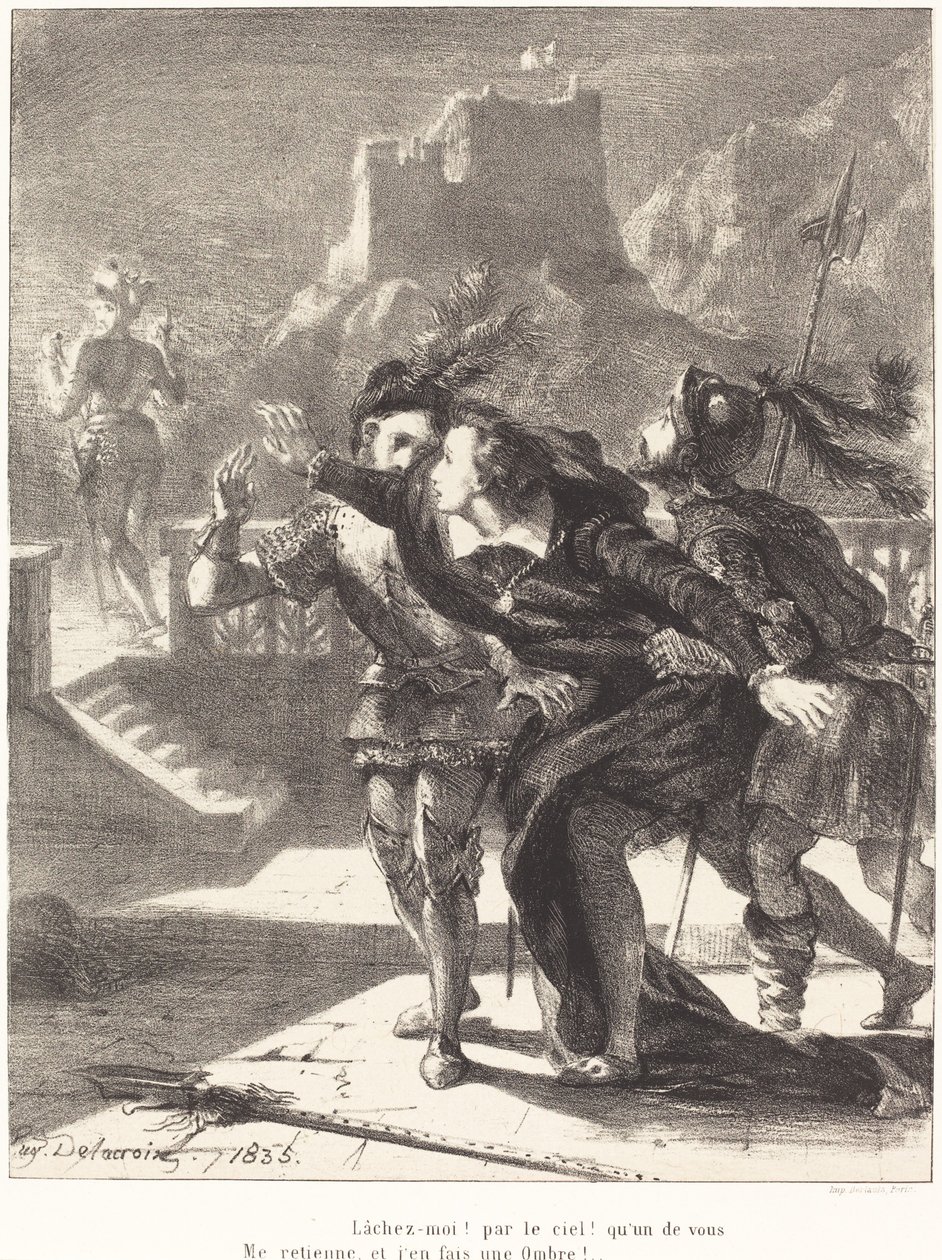 Hamlet haluaa seurata isänsä henkeä (näytös I, kohtaus IV) tekijältä Eugène Delacroix
