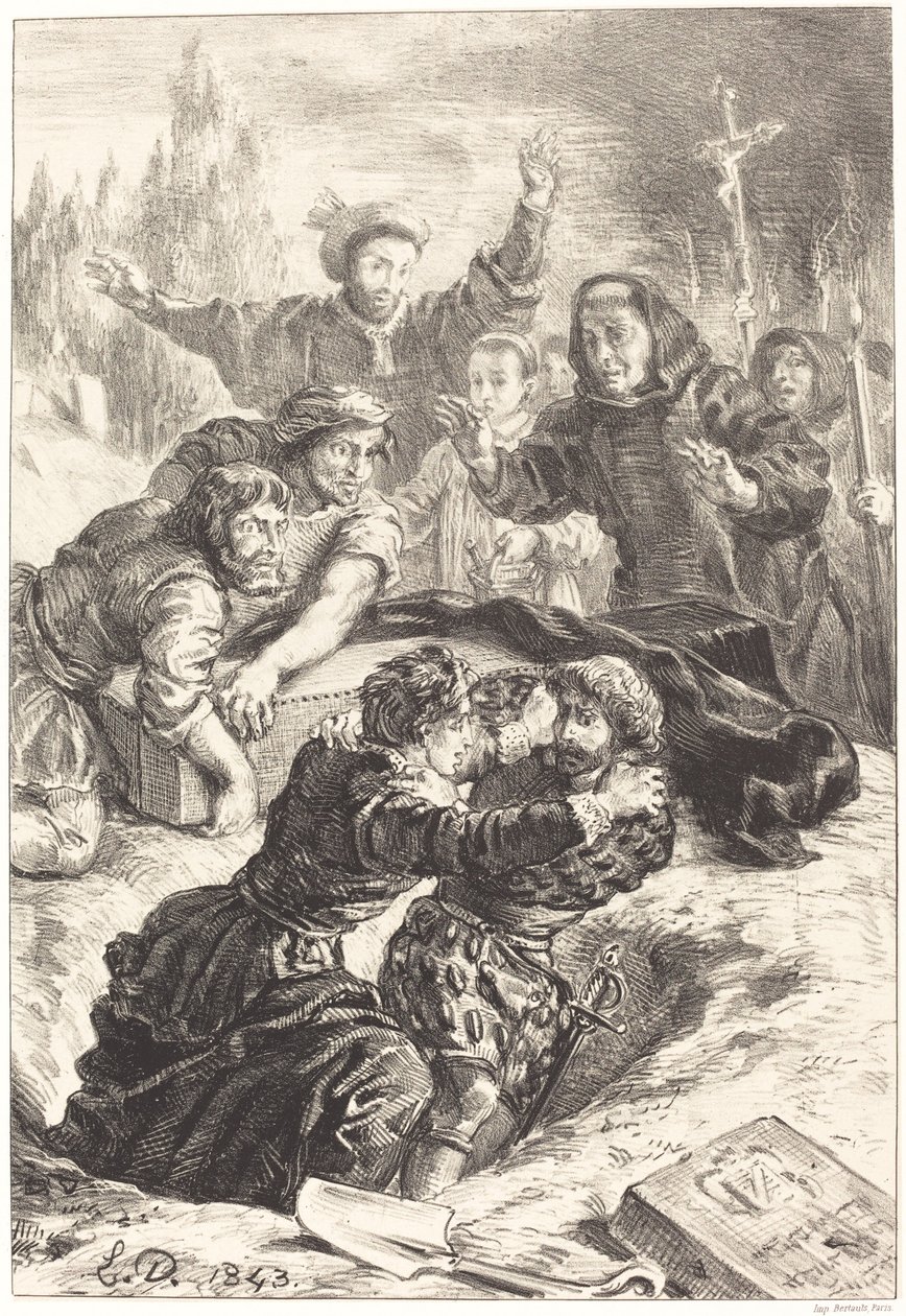 Hamlet ja Laertes Ophelian haudassa V näytös, kohtaus I, 1843. tekijältä Eugène Delacroix