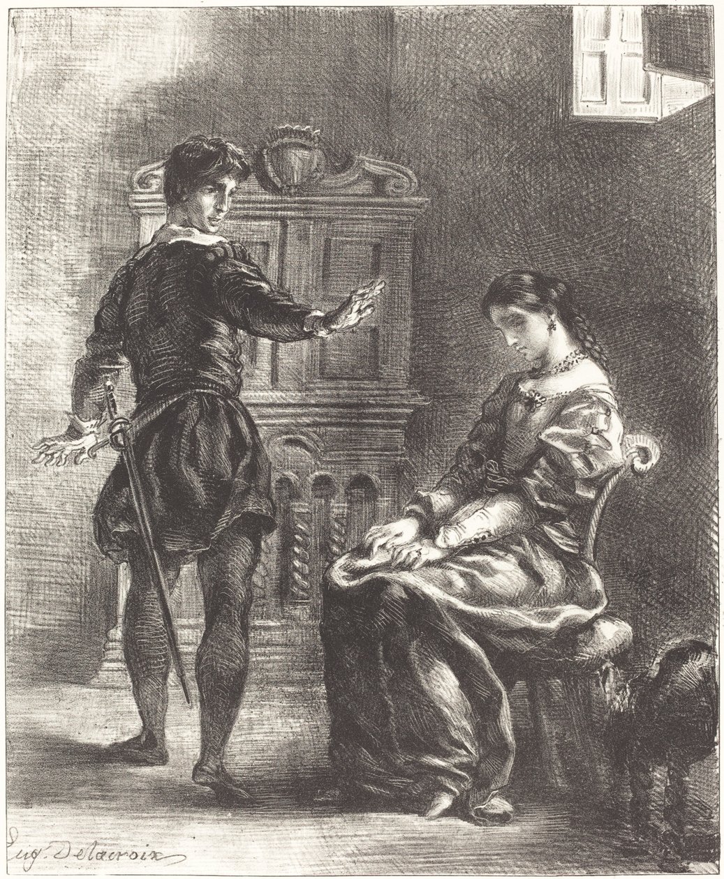 Hamlet ja Ophelia Act III, kohtaus I, 18341843. tekijältä Eugène Delacroix