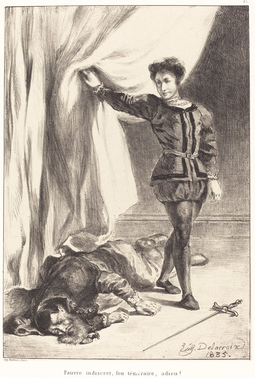 Hamlet ja Poloniuksen ruumis (näytös III, kohtaus IV) tekijältä Eugène Delacroix