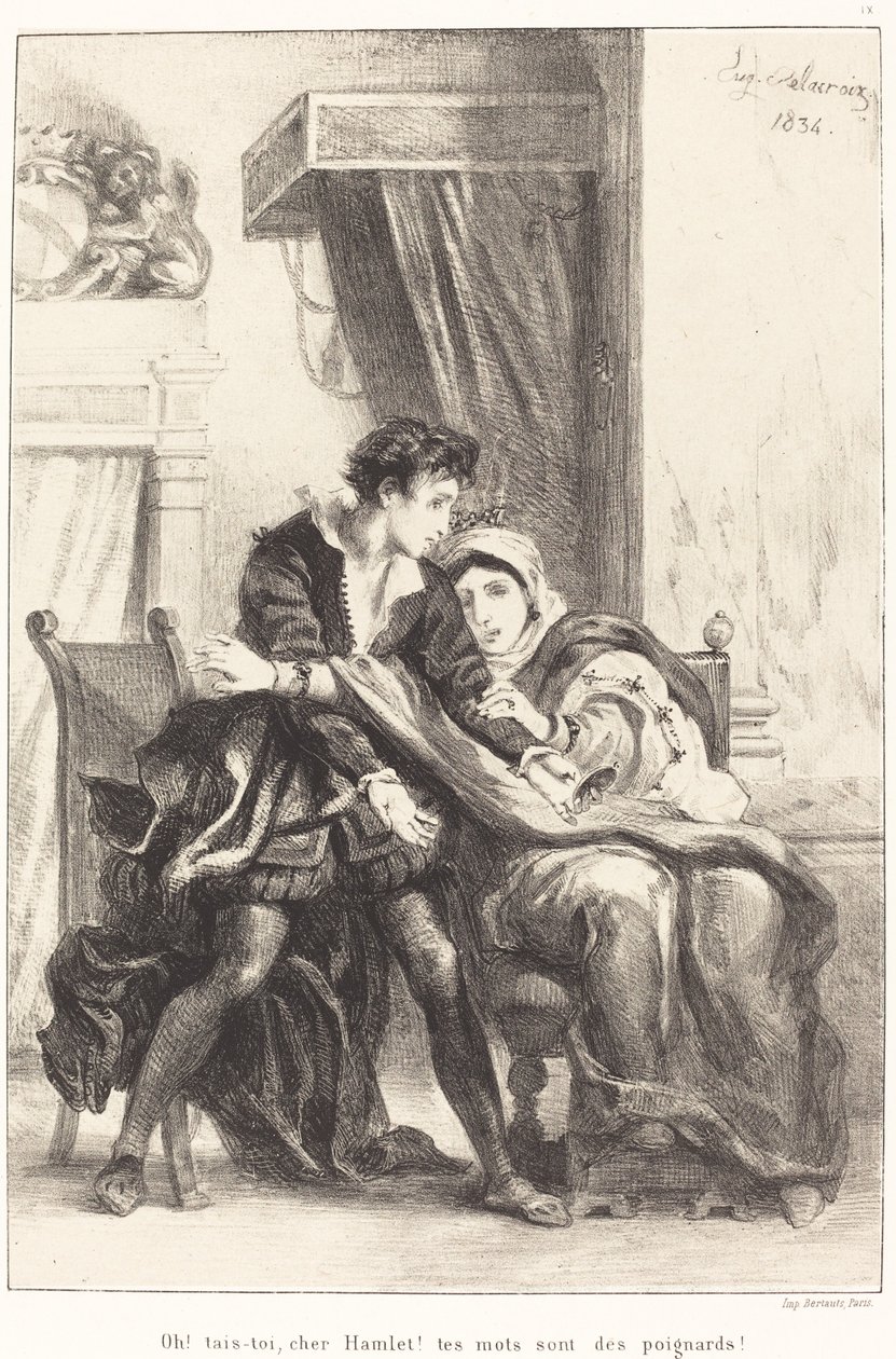 Hamlet ja kuningatar (näytös III, kohtaus IV) tekijältä Eugène Delacroix