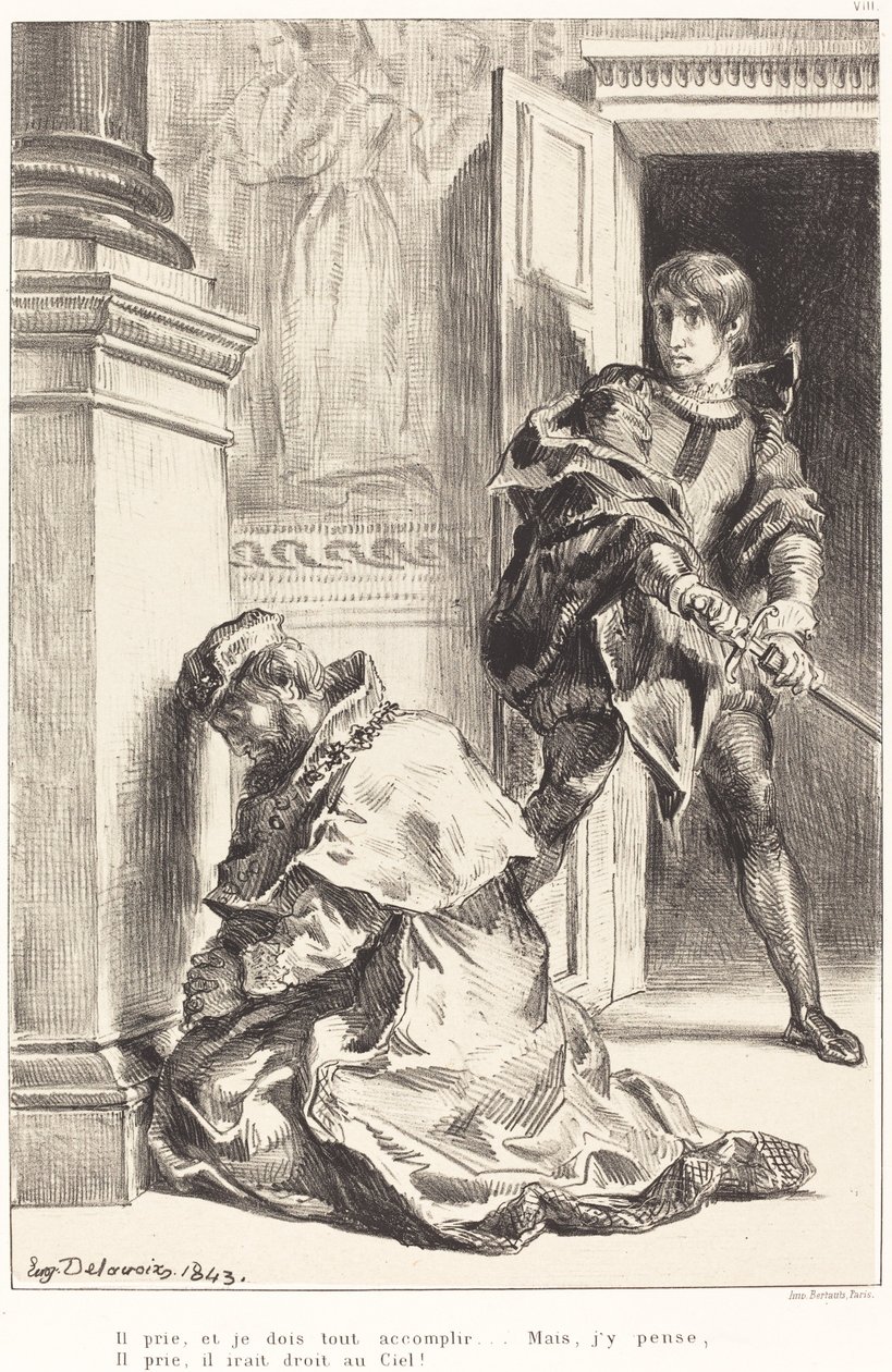 Hamlet on kiusattu tappamaan kuningas, näytös III, kohtaus III, 18341843. tekijältä Eugène Delacroix