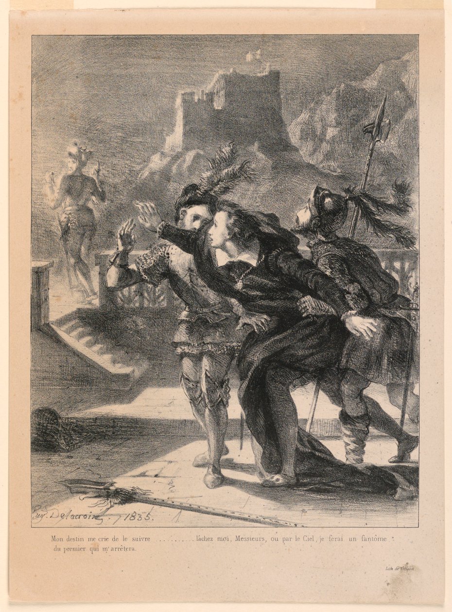 Kuvitus Hamletille: Hamlet yrittää seurata isänsä henkeä (I,4) tekijältä Eugène Delacroix