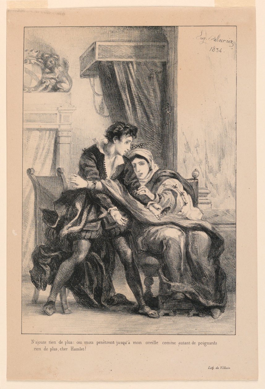 Kuvitus Hamletille: Hamlet ja kuningatar (III,4) tekijältä Eugène Delacroix