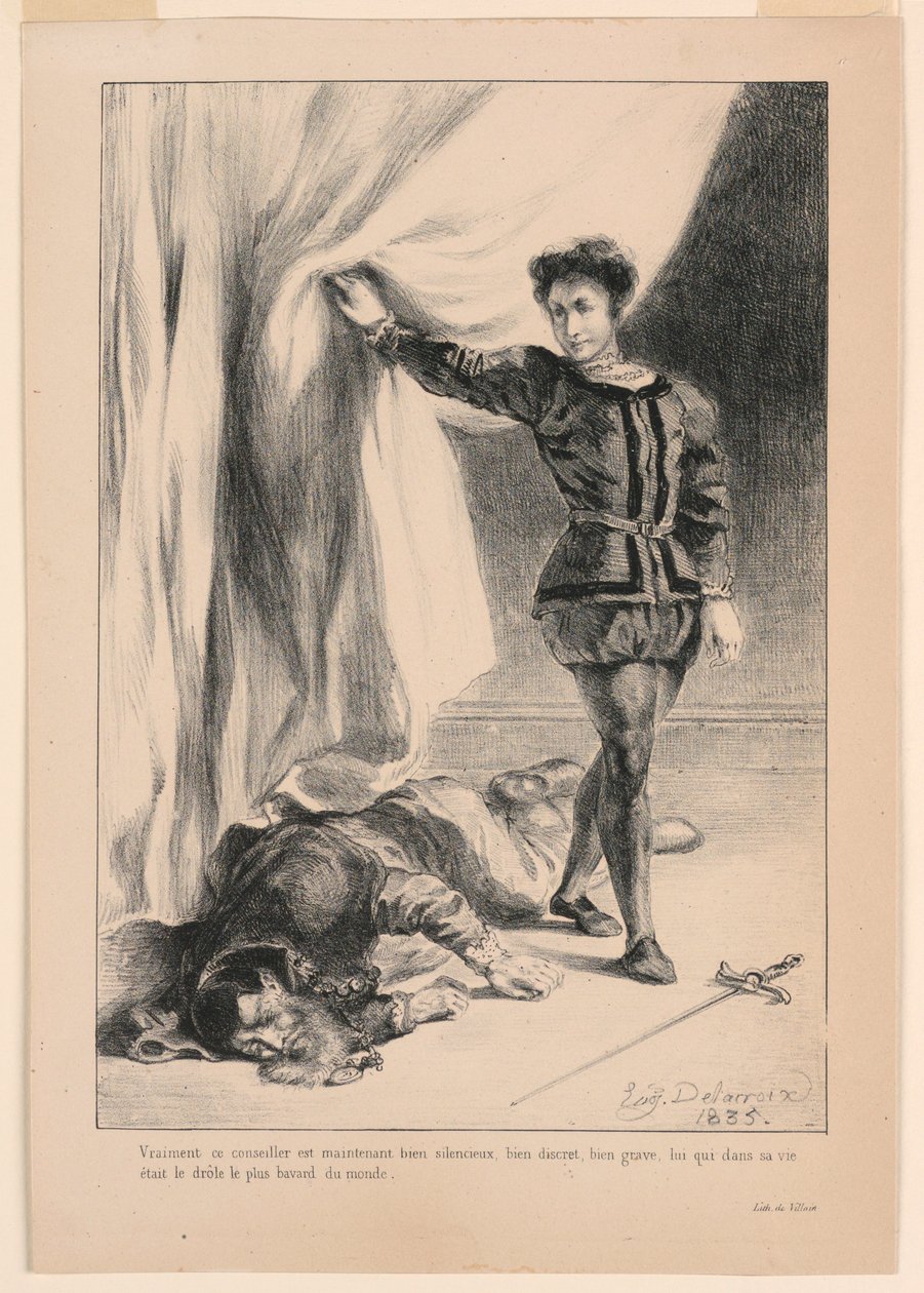 Kuvitus Hamletille: Poloniuksen kuolema (III, 4) tekijältä Eugène Delacroix