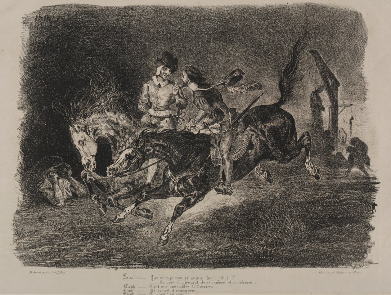 Kuvituksia Faustille: Faust ja Méphistophélés ratsastaa sapattina tekijältä Eugène Delacroix