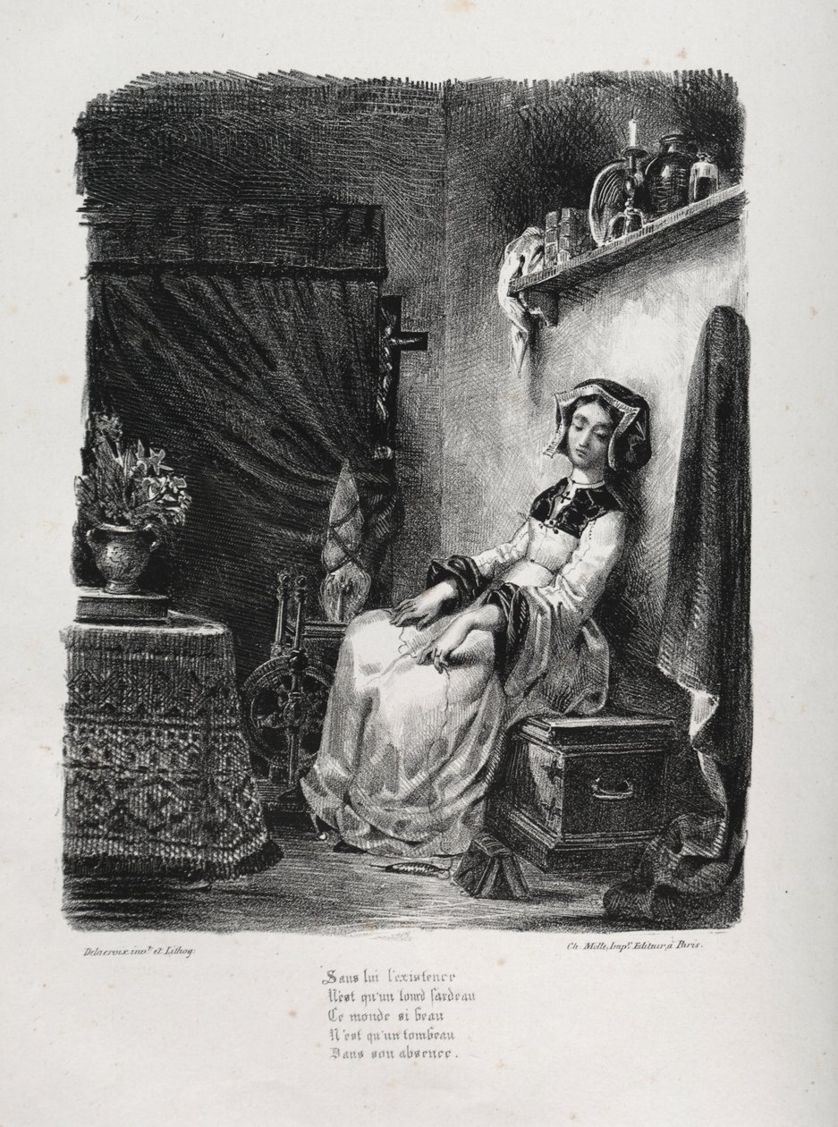 Kuvitukset Faustille: Marguerite pyörän kanssa tekijältä Eugène Delacroix