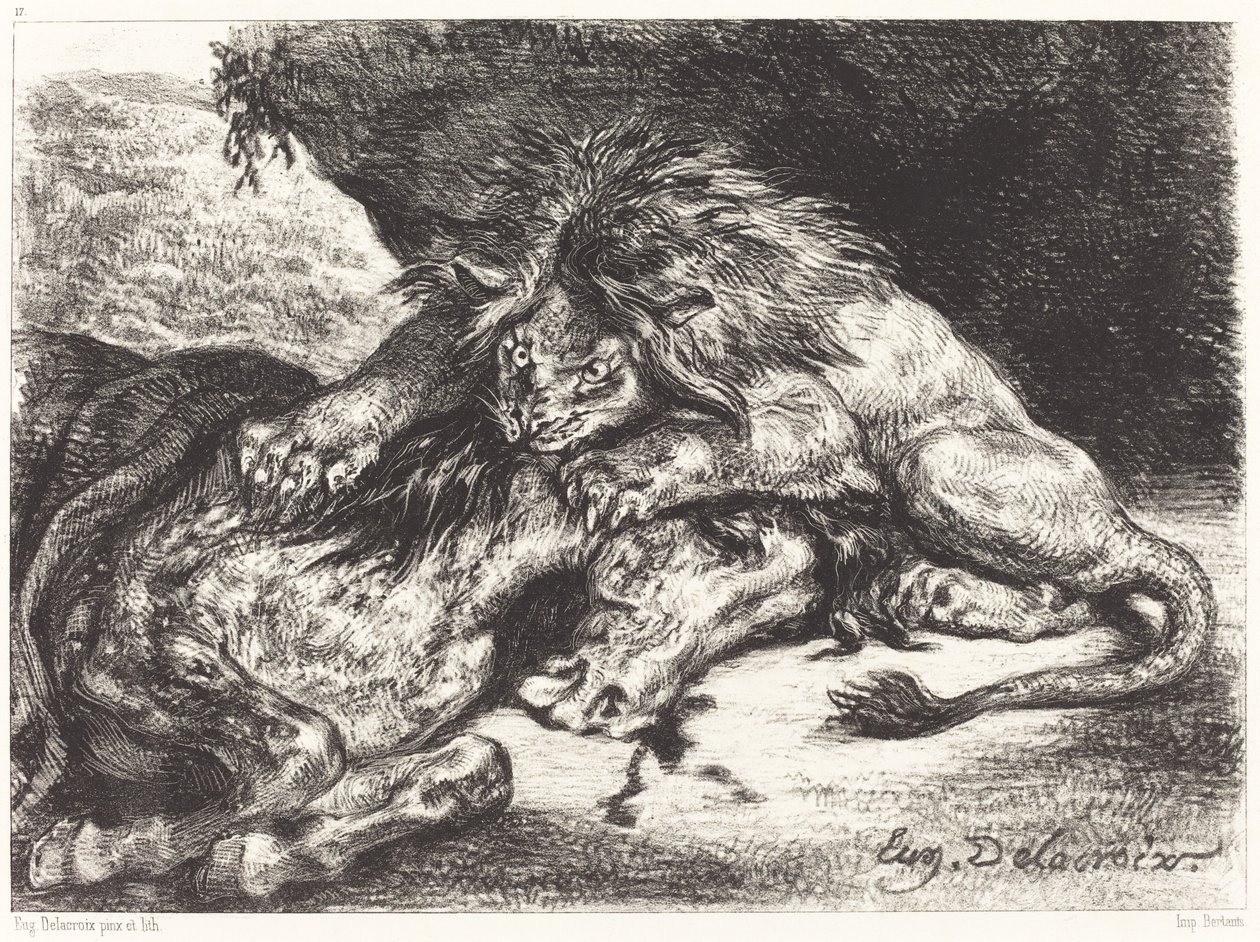 Leijona syö hevosta tekijältä Eugène Delacroix