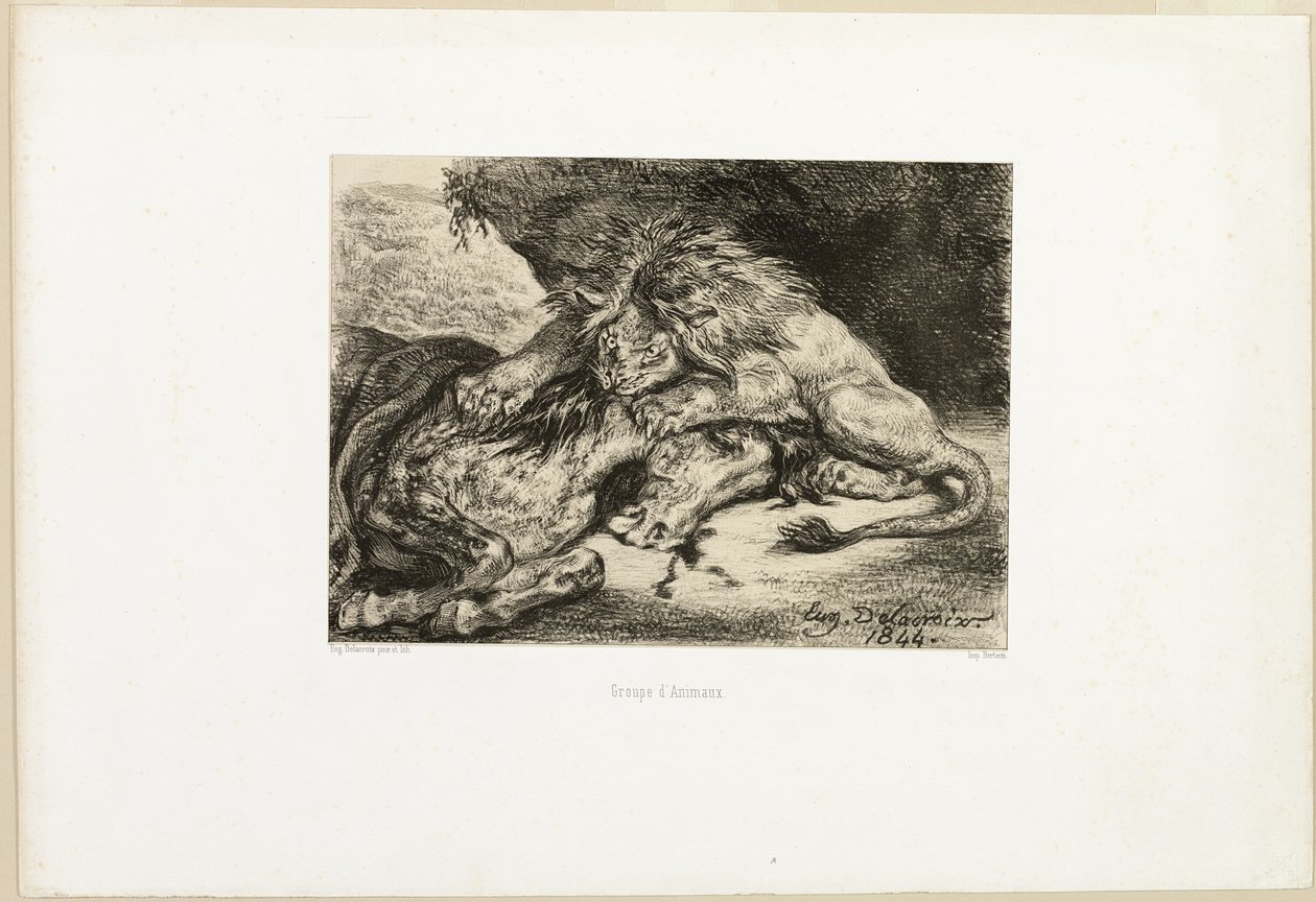 Leijona syö hevosta tekijältä Eugène Delacroix