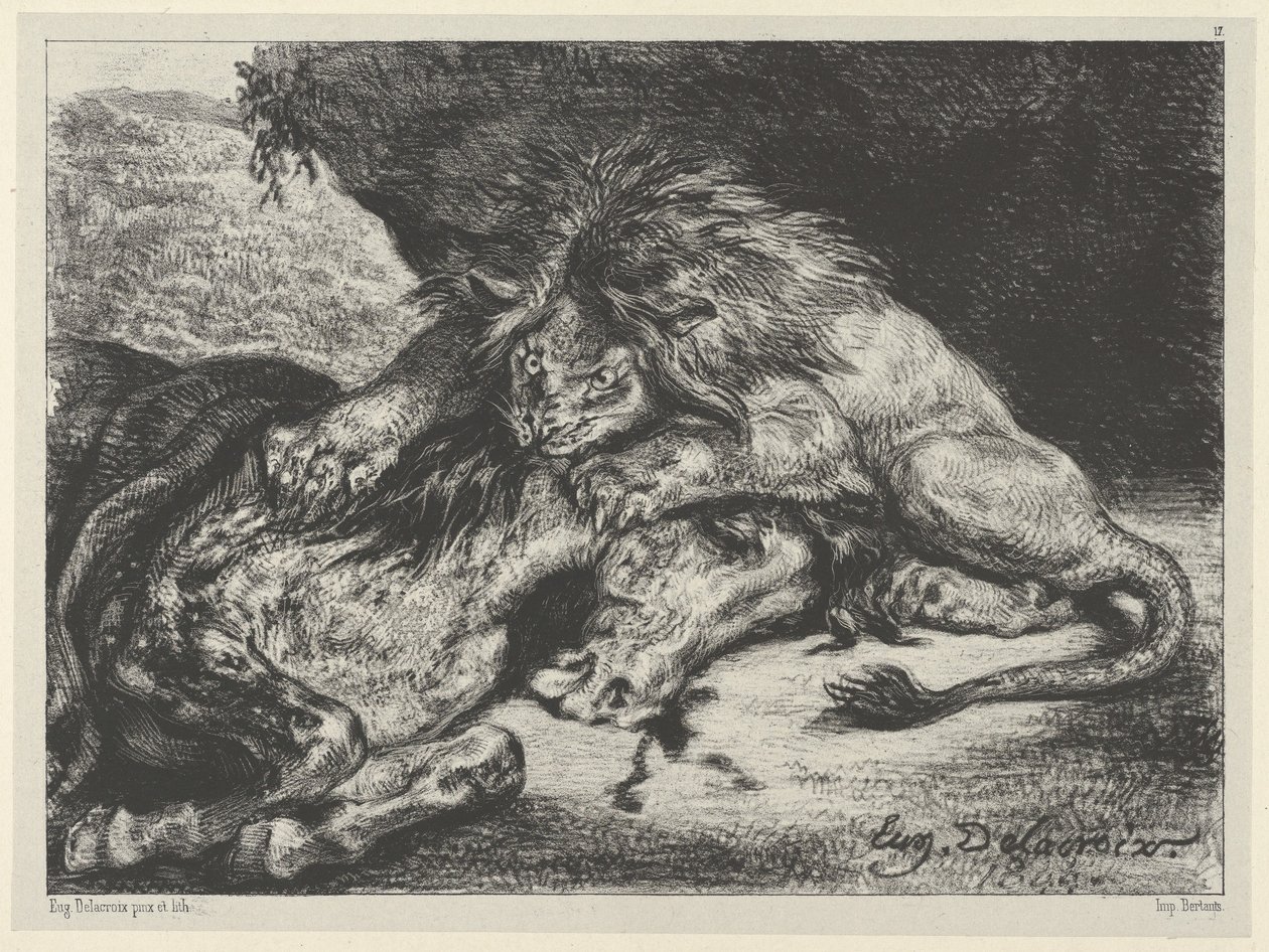 Leijona syö hevosen, 1844, 1844. tekijältä Eugène Delacroix