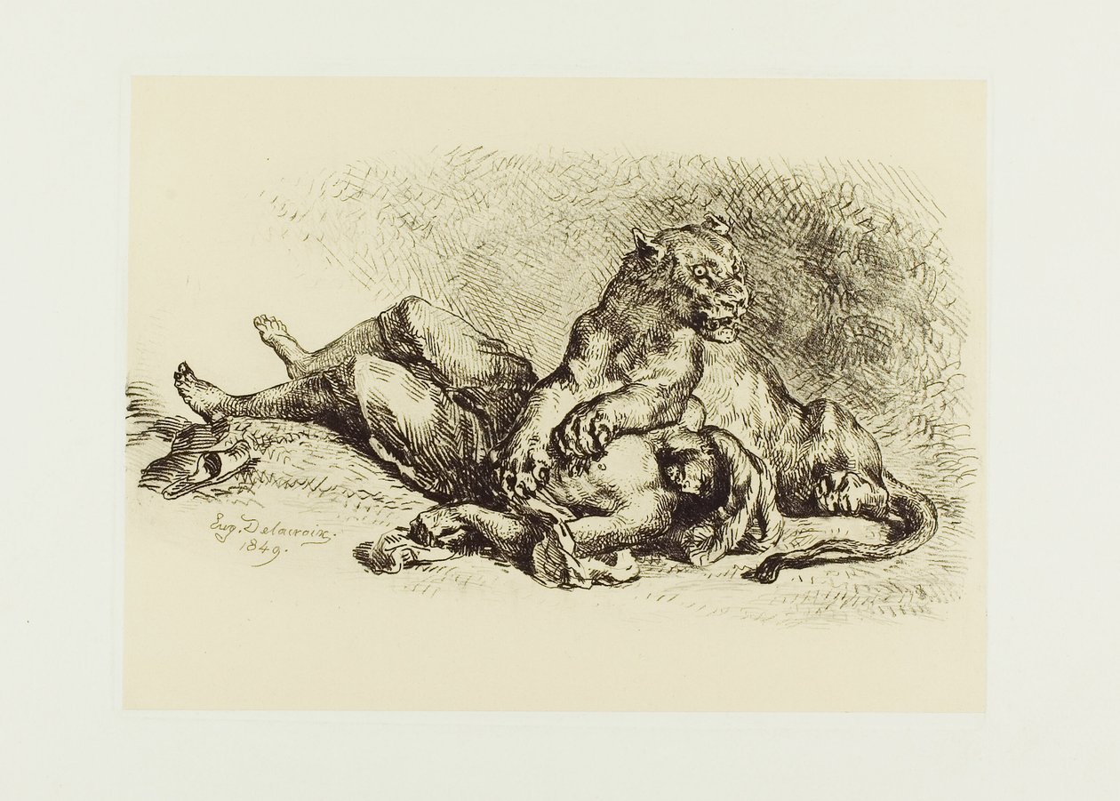 Lioness repimässä arabin rinnassa tekijältä Eugène Delacroix