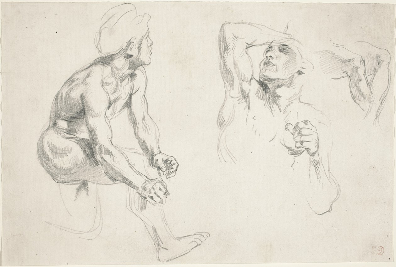 Mies alaston poseeraa hahmoille "Frise de la Guerre" tekijältä Eugène Delacroix