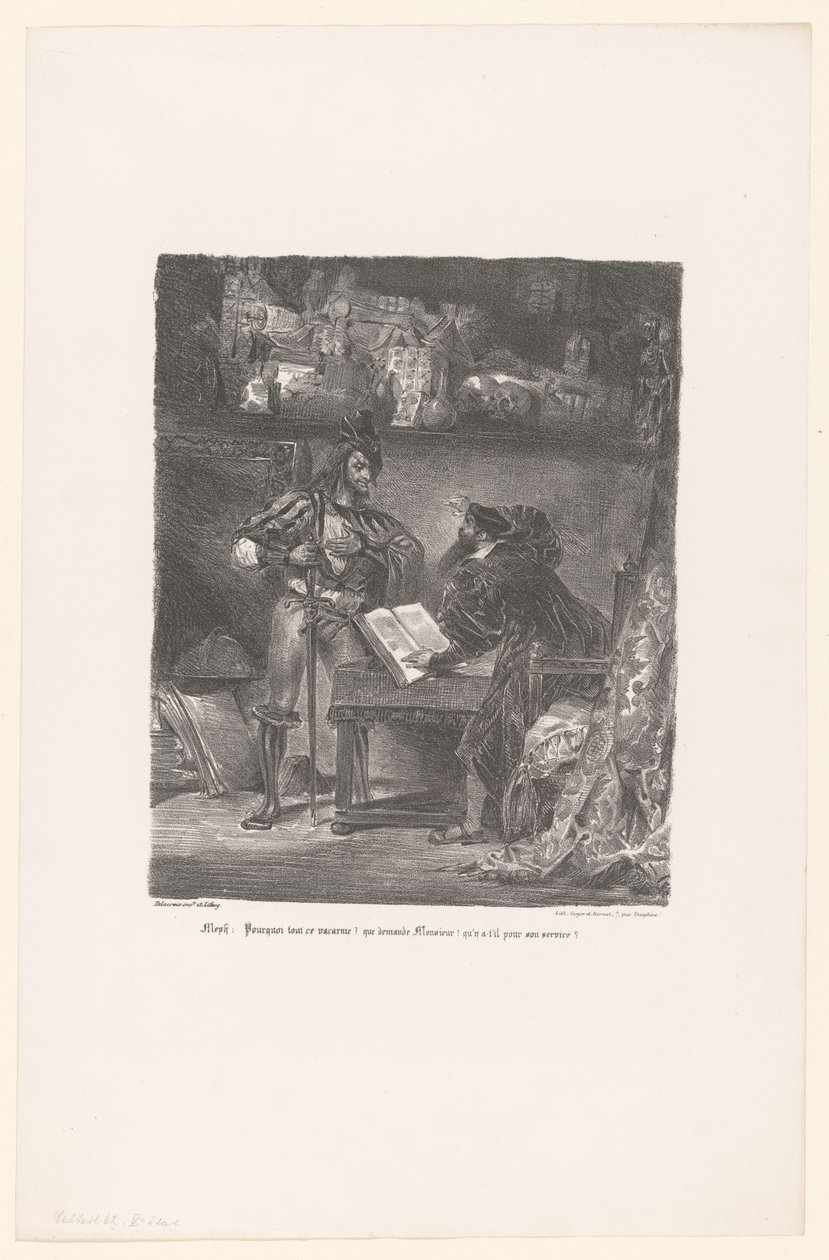 Mephisto verschijnt aan Faust Meph: Miksi tämä meteli? (...) (otsikko objektissa) Faust (sarjan nimi) Faust, M. de Goethen tragedia (sarjan nimi) tekijältä Eugène Delacroix