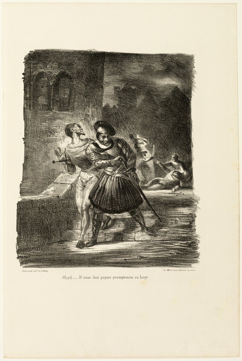 Mefistofeles ja Faust pakenemassa kaksintaistelun jälkeen, Faustista tekijältä Eugène Delacroix
