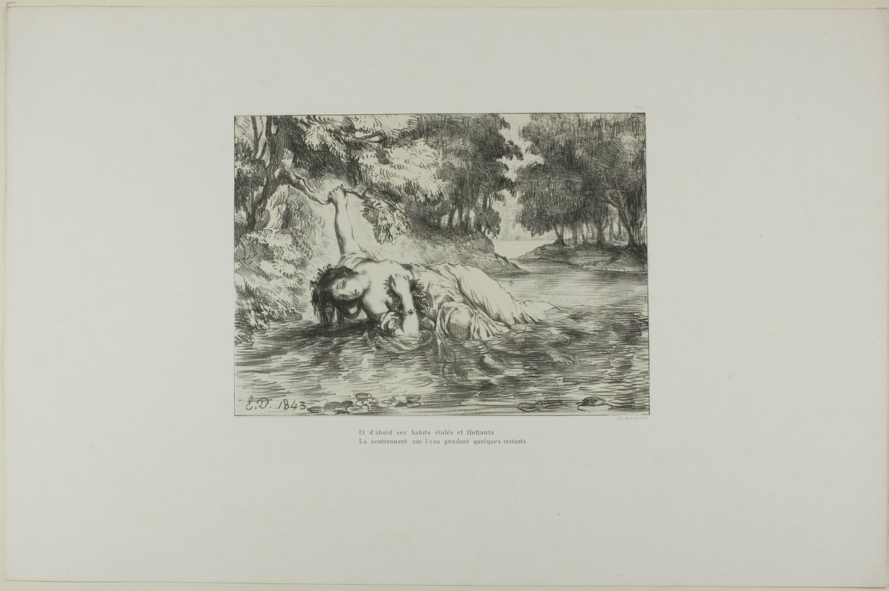 Ofelian kuolema, levy 13 Hamletista tekijältä Eugène Delacroix