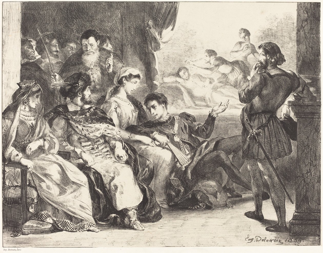 Pelaajat esittävät Hamletin isän myrkytyksen (näytös III, kohtaus II) tekijältä Eugène Delacroix